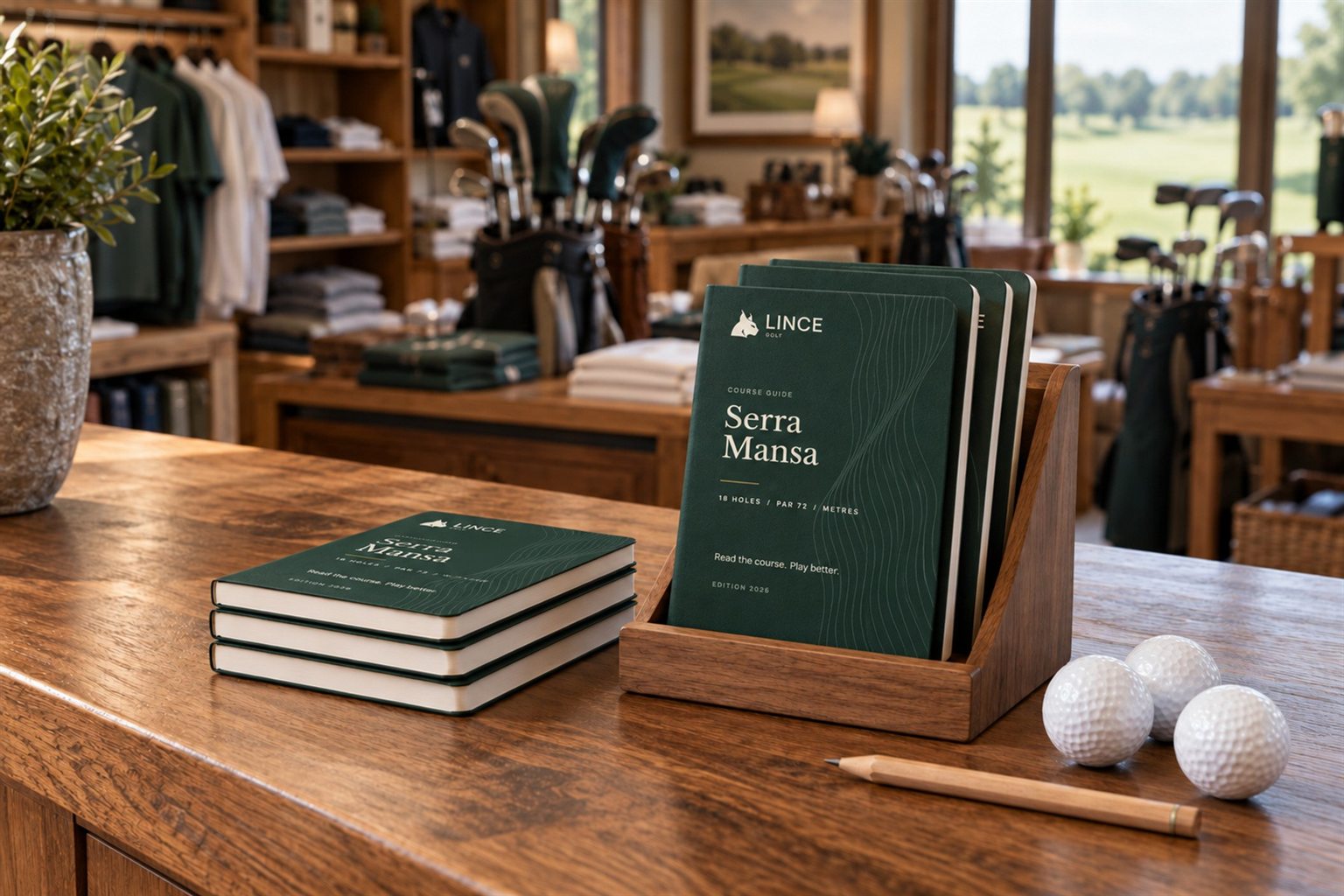 Lince Golf pocket guides in a wooden stand on the counter of a club pro shop